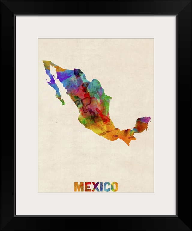 Contemporary piece of artwork of a map of Mexico made up of watercolor splashes.