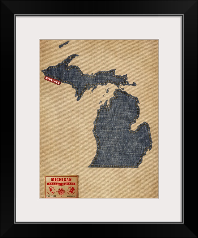Contemporary artwork of the state of Michigan made of denim, against a rustic background.