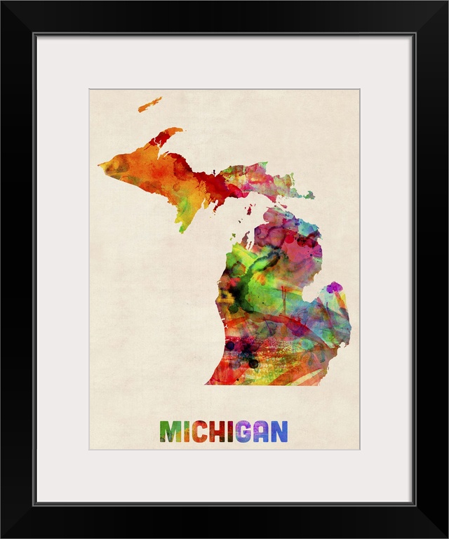 Contemporary piece of artwork of a map of Michigan made up of watercolor splashes.