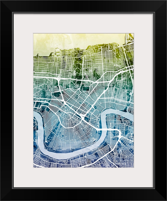 Contemporary watercolor city street map of New Orleans.