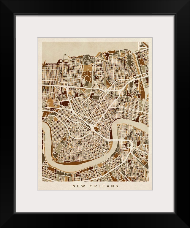 Brown toned city street map artwork of New Orleans.