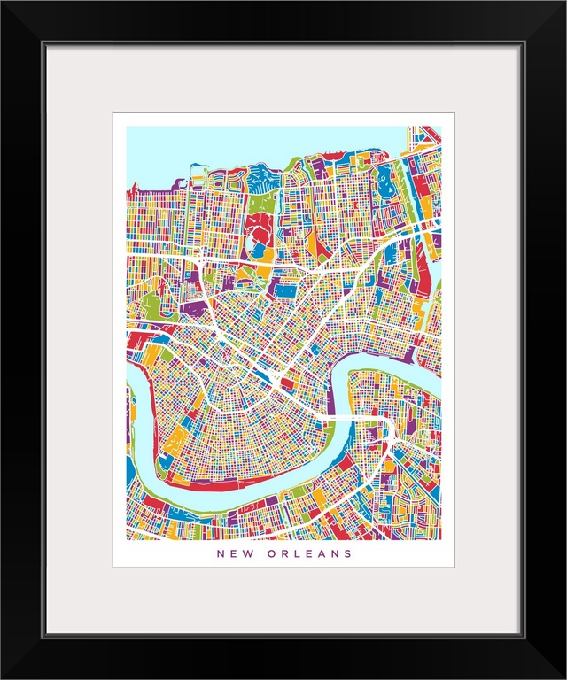 Colorful city street map artwork of New Orleans.