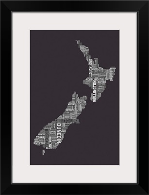 New Zealand Cities Text Map, Grey