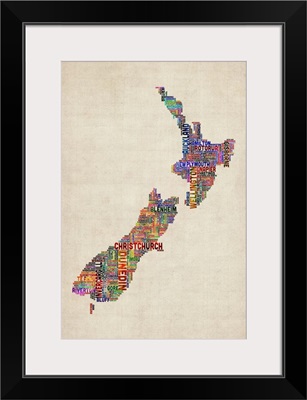 New Zealand Cities Text Map, Multicolor on Parchment