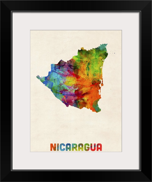 Watercolor art map of the country Nicaragua against a weathered beige background.