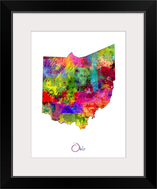 Contemporary artwork of a map of Ohio made of colorful paint splashes.