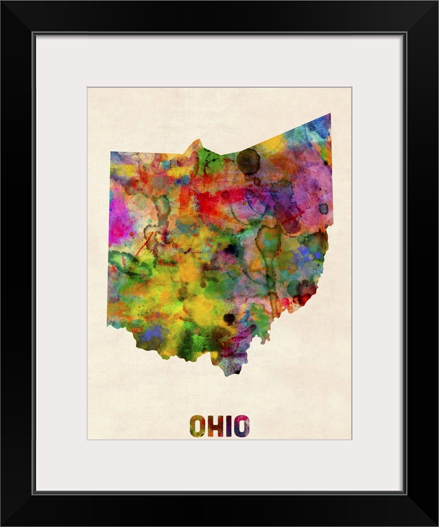 Contemporary piece of artwork of a map of Ohio made up of watercolor splashes.