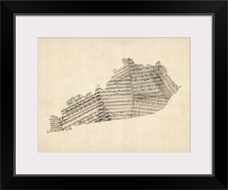 Artistic map of the state Kentucky made from distressed sheet music.
