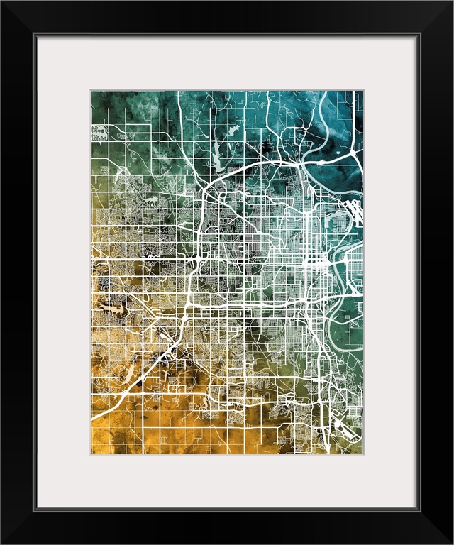 Watercolor street map of Omaha, Nebraska, United States