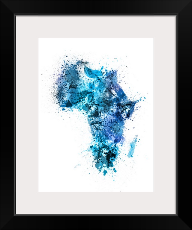 Contemporary art map of Africa made up of blue watercolor paint splashes.