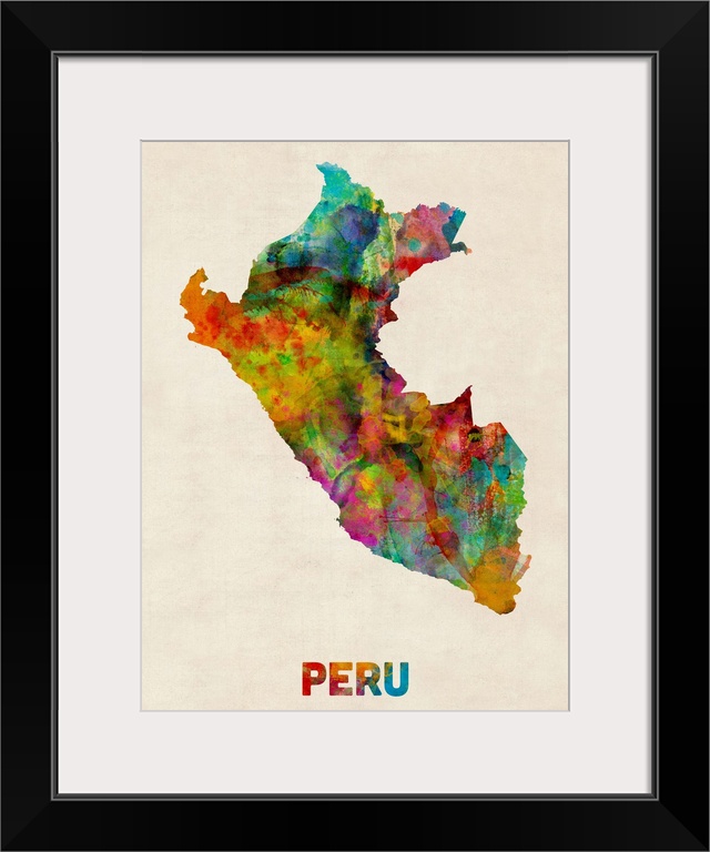 Contemporary piece of artwork of a map of Peru made up of watercolor splashes.