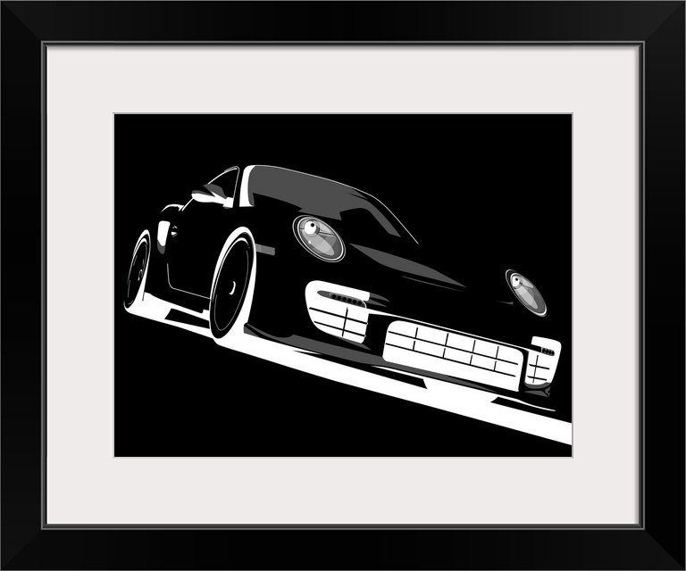 Retro artwork of a black Porsche shown at an angle with a black background.