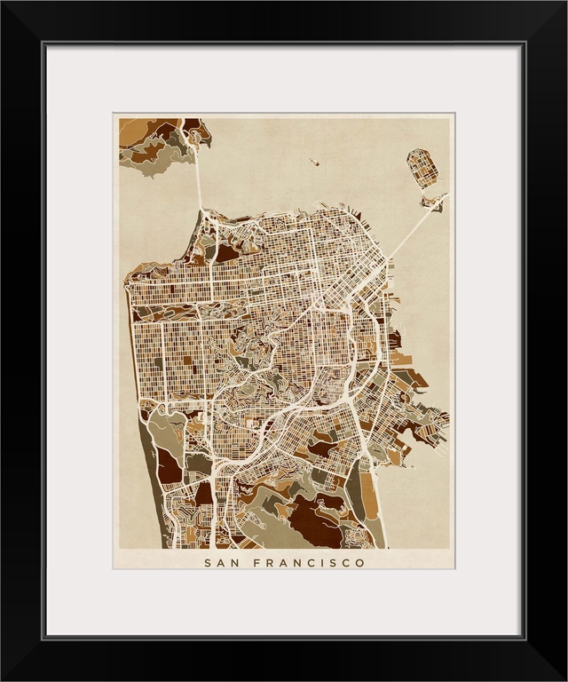 Contemporary artwork of a map of the city streets of San Francisco in dark brown tones.