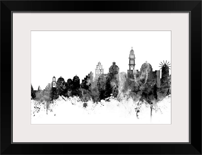 Watercolor art print of the skyline of Santorini