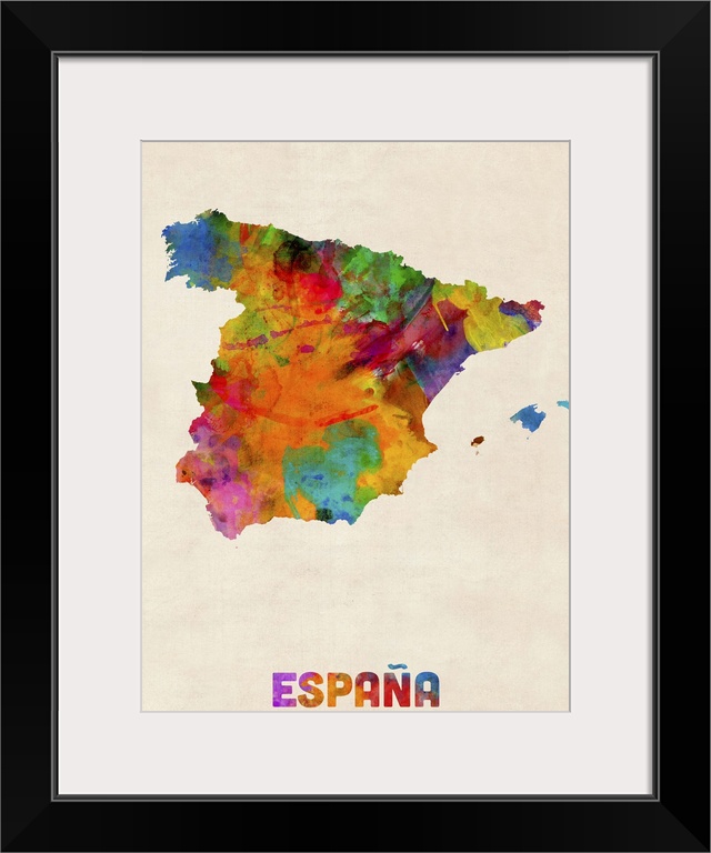 Contemporary piece of artwork of a map of Espana made up of watercolor splashes.