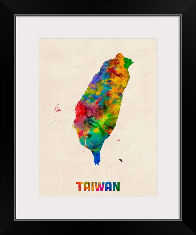 Colorful watercolor art map of Taiwan against a distressed background.