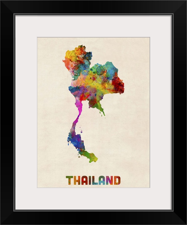 Colorful watercolor art map of Thailand against a distressed background.