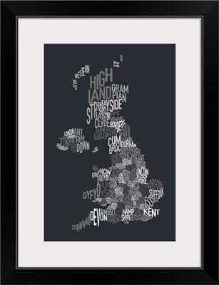 UK Map make up of County names - grayscale