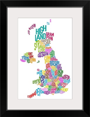 UK Map make up of County names - rainbow colors