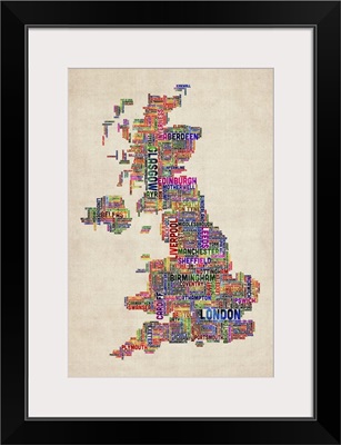 United Kingdom Cities Text Map, Multicolor on Parchment