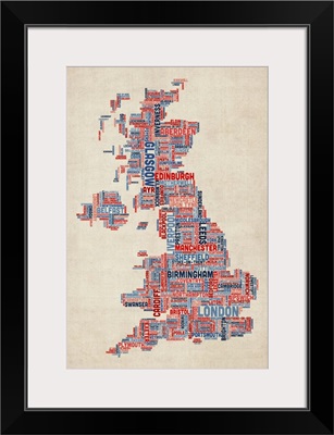 United Kingdom Cities Text Map, UK Colors on Parchment