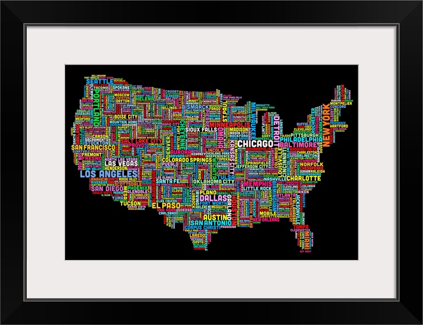 Colorful map of America made of the names of each city that corresponds to its location.
