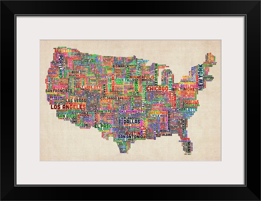 Colorful map of America constructed using the names of each U.S. city.