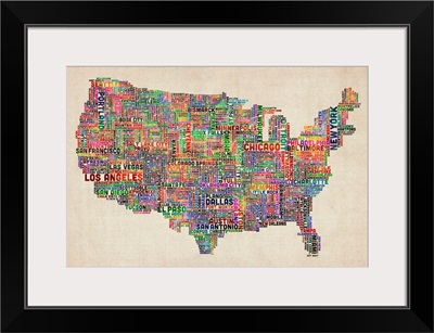 United States Cities Text Map, Multicolor on Parchment