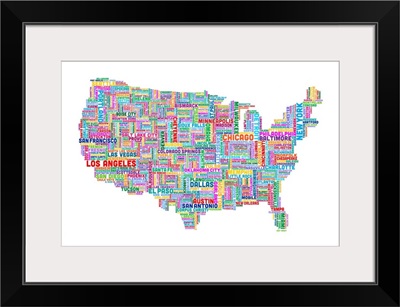 United States Cities Text Map, Multicolor on White