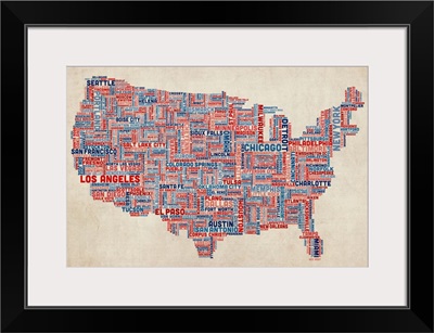 United States Cities Text Map, US Colors on Parchment