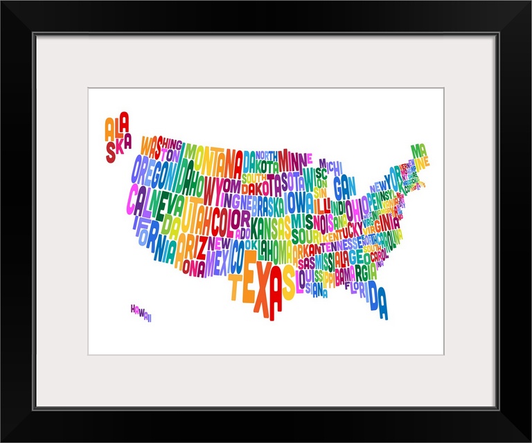 Contemporary typography world map. Each state shape is the name of that state.