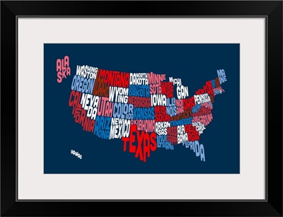 United States Typography Text Map, Red White and Blue