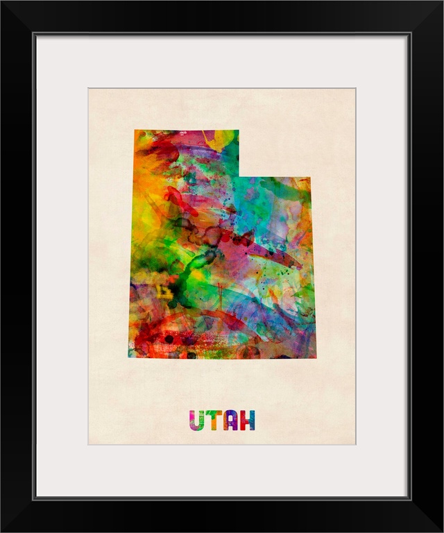 Contemporary piece of artwork of a map of Utah made up of watercolor splashes.