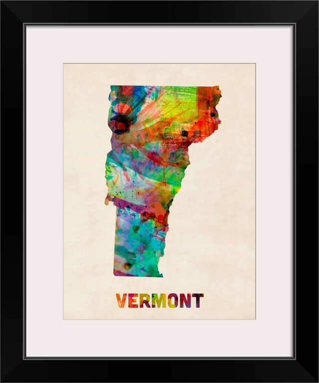 Contemporary piece of artwork of a map of Vermont made up of watercolor splashes.