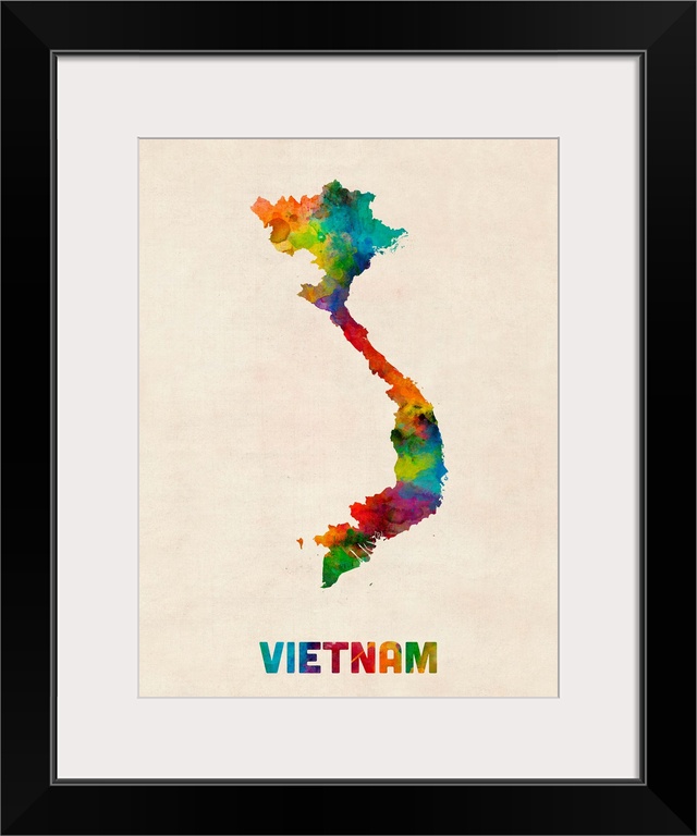 Colorful watercolor art map of Vietnam against a distressed background.