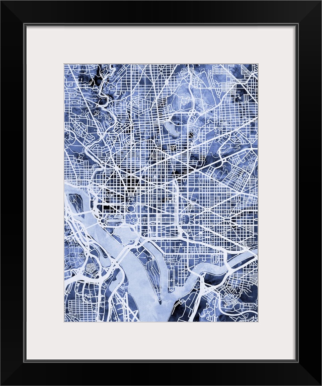 Contemporary watercolor city street map of Washington DC.