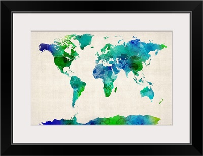 Watercolor Map of the World, Green and Blue