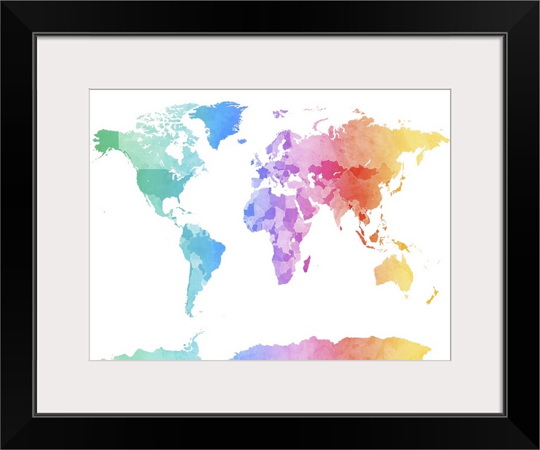Watercolor art world map against a white background.