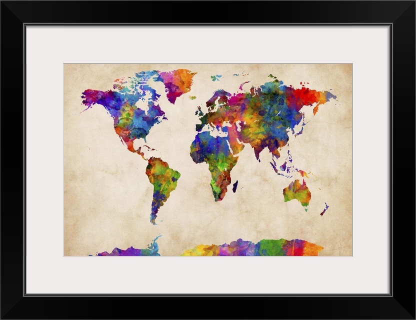 Contemporary colorful paint splash world map artwork.