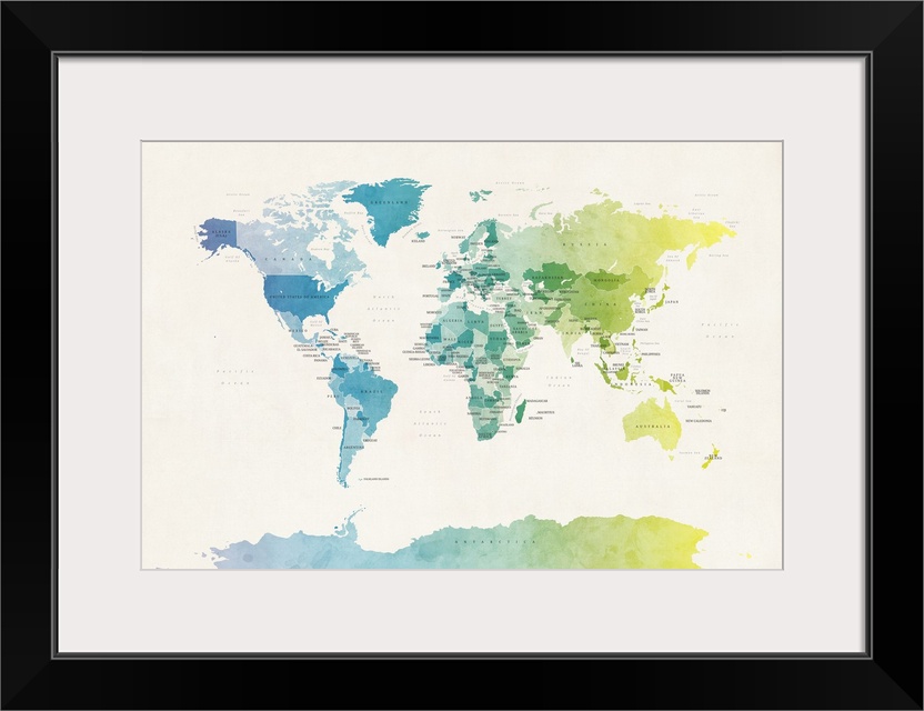 Contemporary artwork of a political map of the world in watercolor.