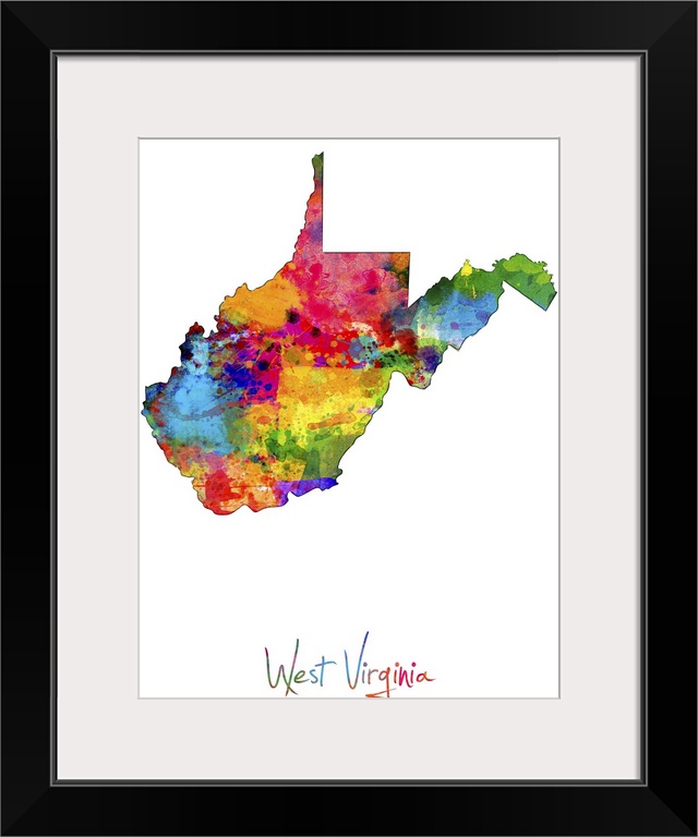 Contemporary artwork of a map of West Virginia made of colorful paint splashes.