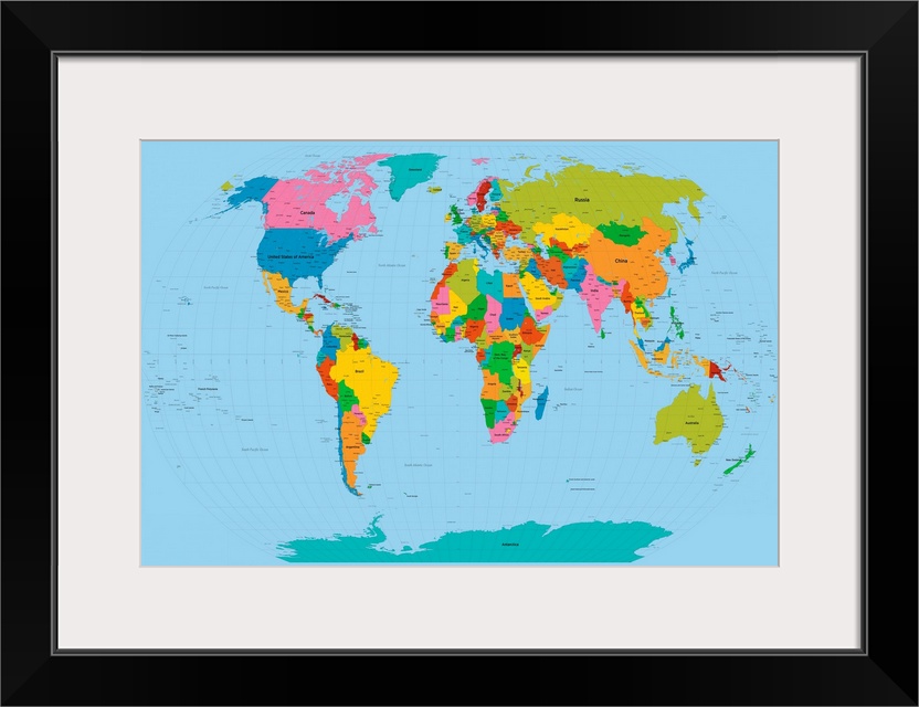 Wall art of a political world map with numbered latitude, longitude lines, and bright colors making this perfect for the c...