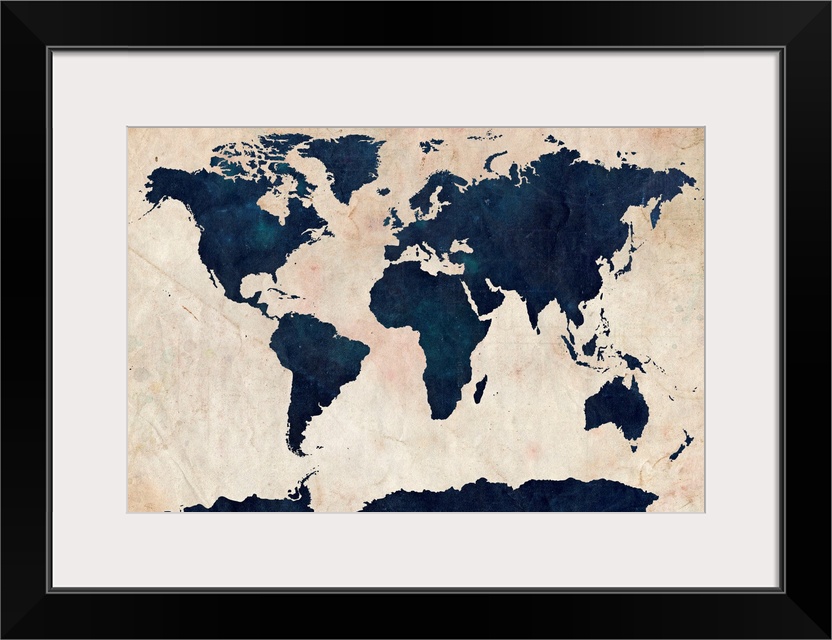 Big canvas art of distressed stenciled map of the world with the continents silhouetted.