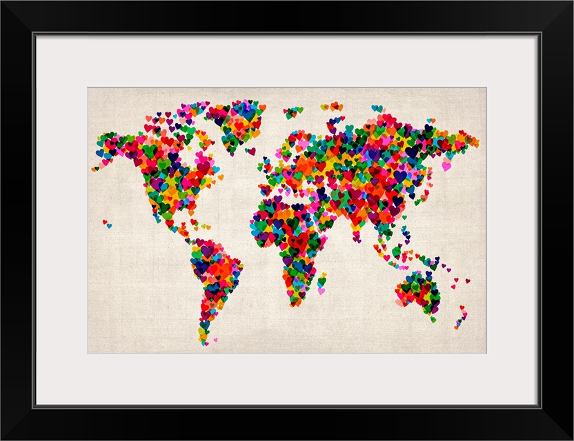 Contemporary artwork of map with its continent shapes created by tiny colorful hearts.