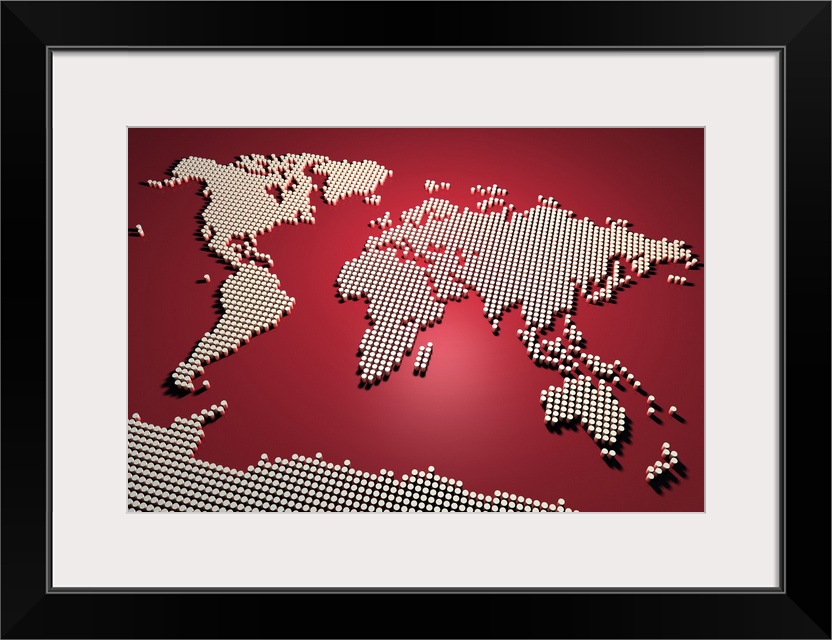 A map of the world in red, created from a 3D digital render. Maps come in many shapes and forms. Although current atlas st...