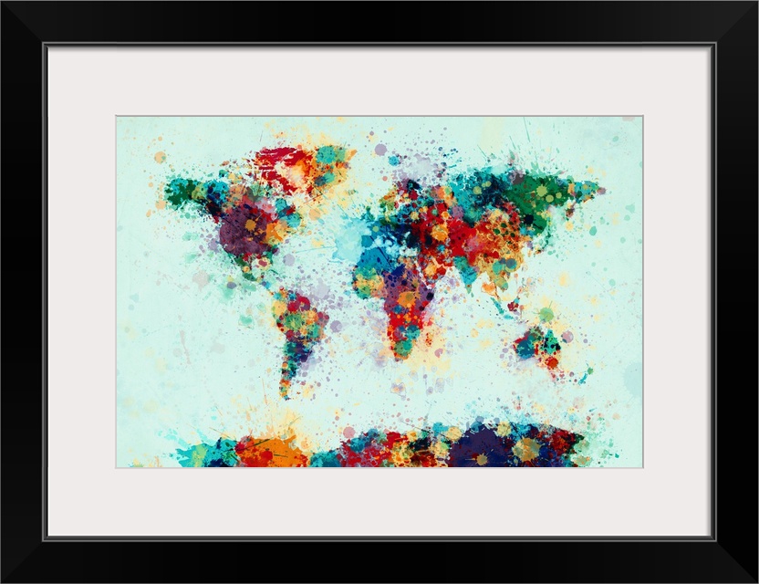 Contemporary world map artwork made of bright watercolor paint splashes.