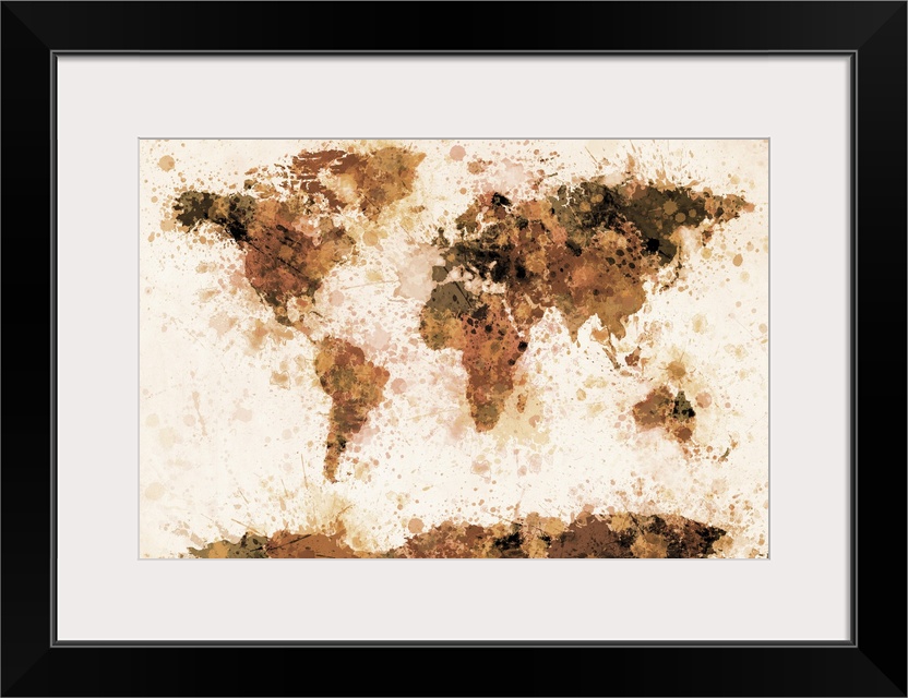 Map of the world with its continents made of varying shades of ink splatters.