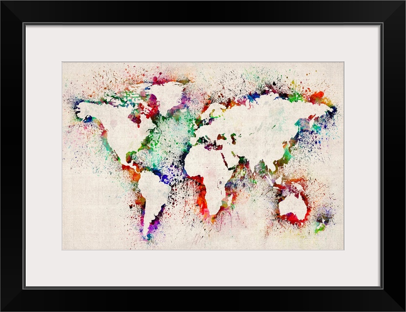 Large illustrated world map shows the placement of countries by outlining them with a vibrant assortment of paint splashes.