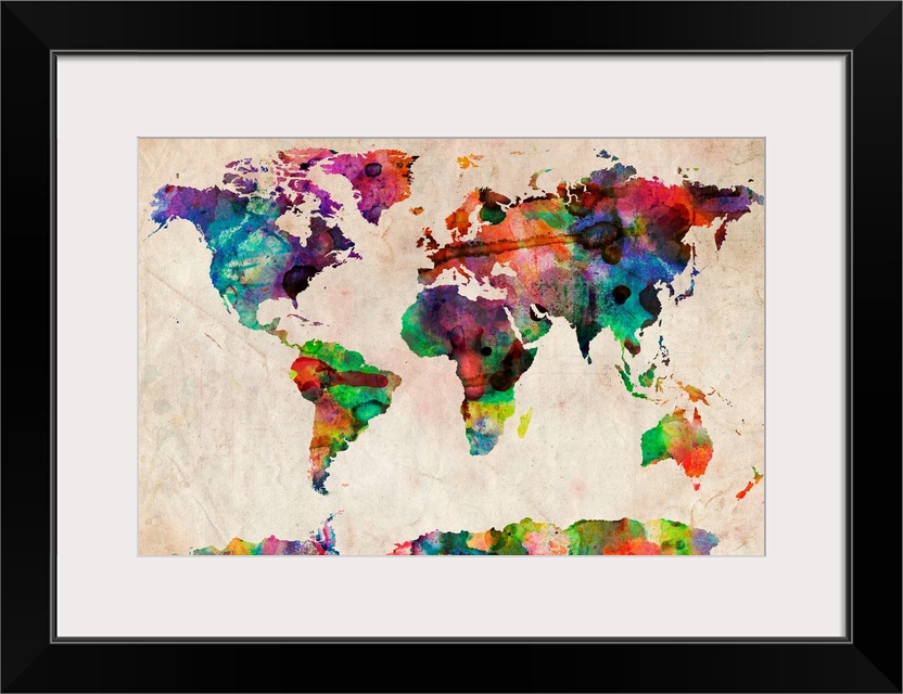 Silhouette of continents filled with wild paint splatters on a textured background showing all the countries of the world.