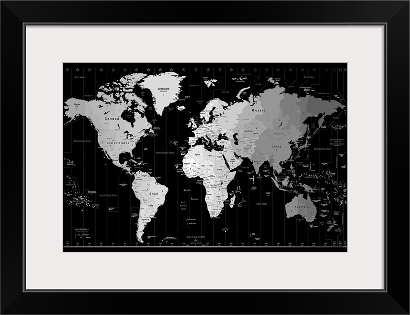 A monochromatic political map of six continents where each time zone is depicted in a different shade.